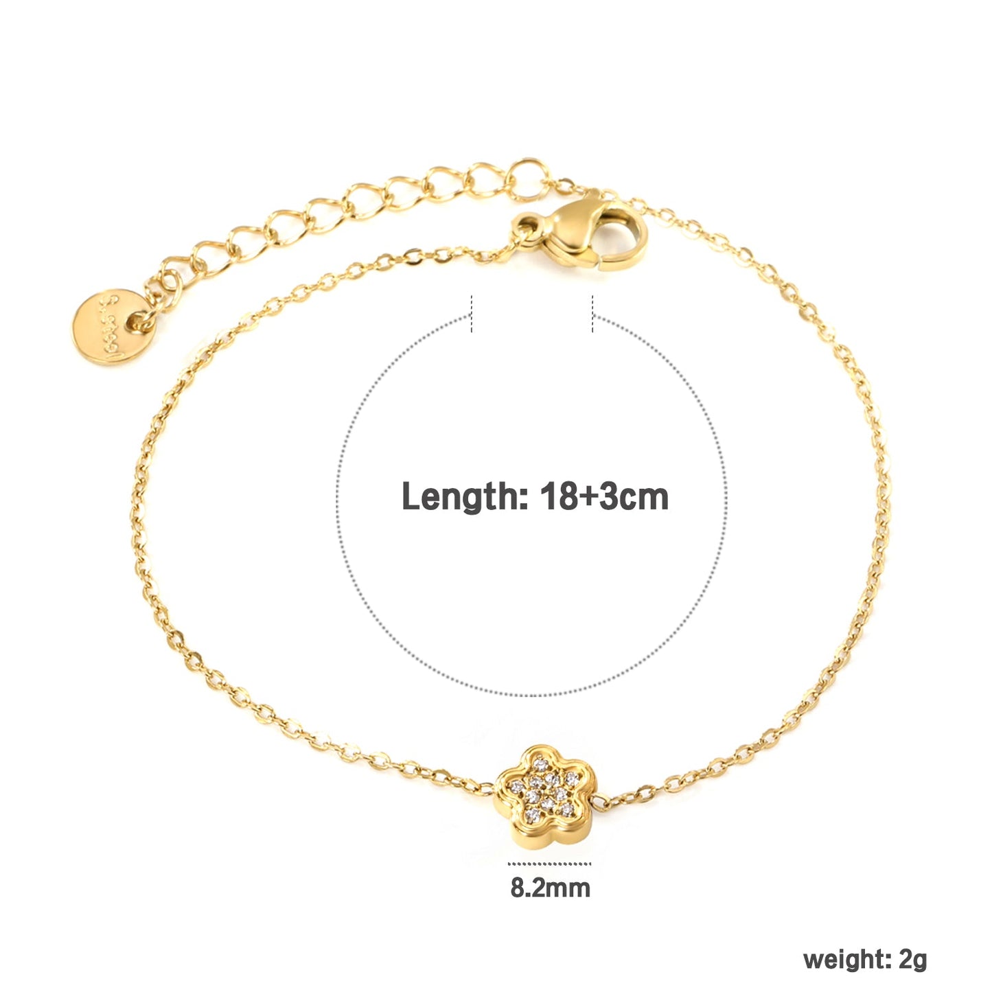 8.2mm Convex Five Petal Flower CNC Zirconium 0.3 Cross Bracelet 18+3cm+6mm Round Tail Plaque Golden