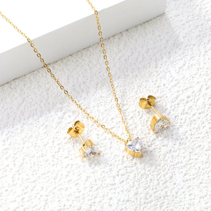 Heart-shaped white zirconium set Gold-colored earrings: 6mm Pendant: 6mm 0.3 cross chain * 40 +5cm +6mm round plate