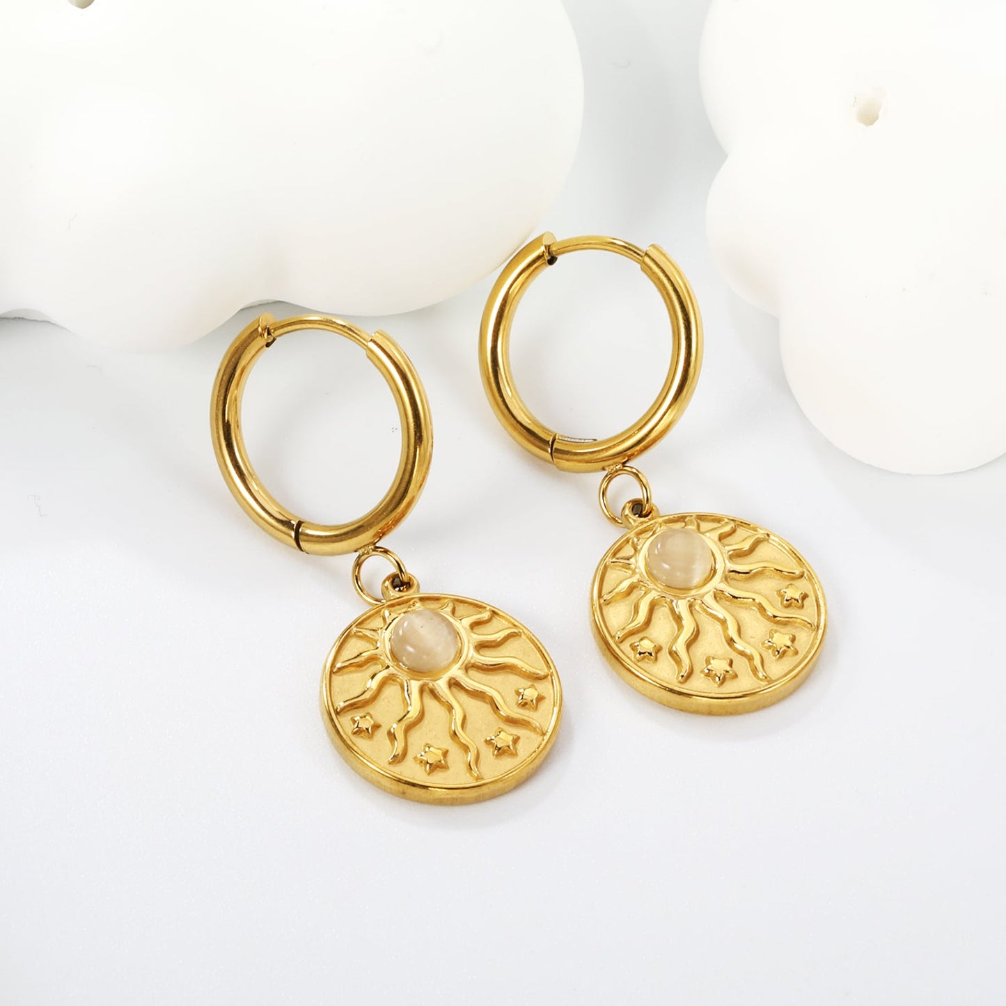 2*12mm I.D. earrings + 15mm round sunburst with white pearl/white cat's eye/turquoise earrings gold color