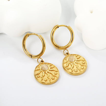 2*12mm I.D. earrings + 15mm round sunburst with white pearl/white cat's eye/turquoise earrings gold color