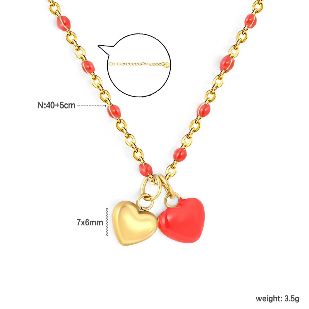 Sweet Twin Heart Pendant Necklace | 7x6mm Double Heart Charms | 40+5cm Chain | Red Enamel & All Gold Two Styles