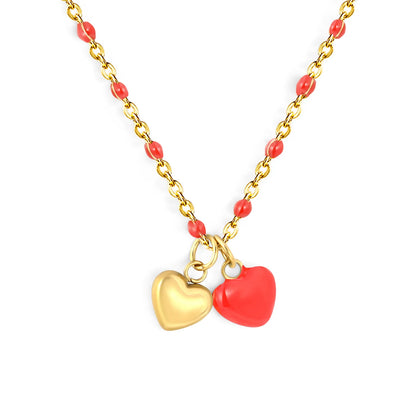 Sweet Twin Heart Pendant Necklace | 7x6mm Double Heart Charms | 40+5cm Chain | Red Enamel & All Gold Two Styles