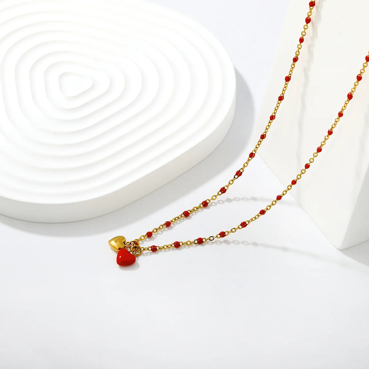 Sweet Twin Heart Pendant Necklace | 7x6mm Double Heart Charms | 40+5cm Chain | Red Enamel & All Gold Two Styles