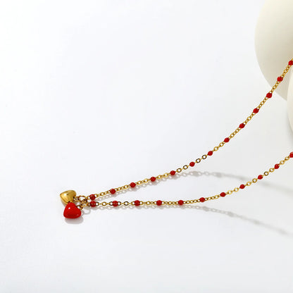 Sweet Twin Heart Pendant Necklace | 7x6mm Double Heart Charms | 40+5cm Chain | Red Enamel & All Gold Two Styles