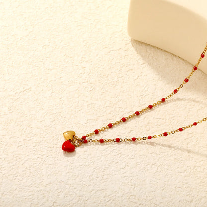 Sweet Twin Heart Pendant Necklace | 7x6mm Double Heart Charms | 40+5cm Chain | Red Enamel & All Gold Two Styles