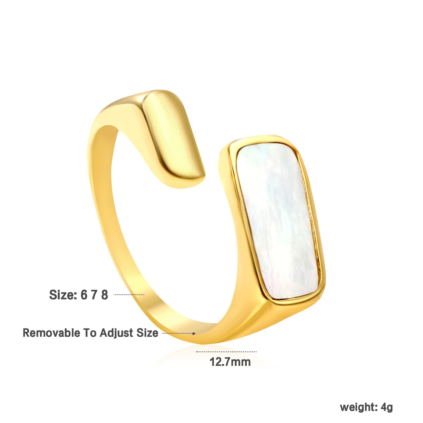 12.7mm 18K PVD Gold Plated Stainless Steel Ring Adjustable White Mother Pearl Open for Women