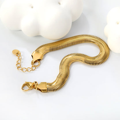 W8mm*Thick3mm Flat Snake Bracelet18+3cm+6mm Round Tail Plaque Steel/Gold