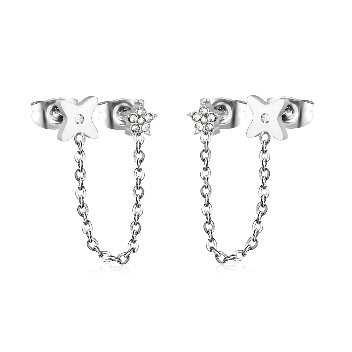 Star & Clover Chain-Linked Gold-Plated Stainless Steel Stud Earrings | Minimalist Asymmetrical Design | Tarnish-Resistant | Wholesale Jewelry | MOQ 12