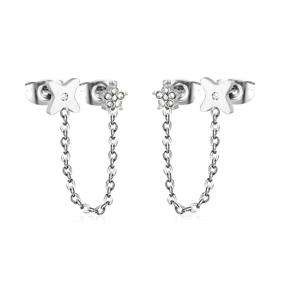 Star & Clover Chain-Linked Gold-Plated Stainless Steel Stud Earrings | Minimalist Asymmetrical Design | Tarnish-Resistant | Wholesale Jewelry | MOQ 12