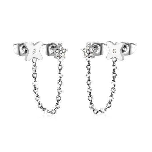 Star & Clover Chain-Linked Gold-Plated Stainless Steel Stud Earrings | Minimalist Asymmetrical Design | Tarnish-Resistant | Wholesale Jewelry | MOQ 12