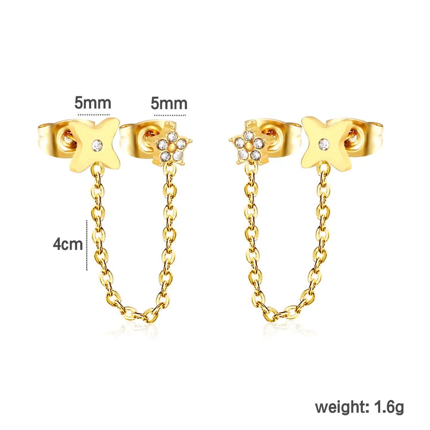 Star & Clover Chain-Linked Gold-Plated Stainless Steel Stud Earrings | Minimalist Asymmetrical Design | Tarnish-Resistant | Wholesale Jewelry | MOQ 12