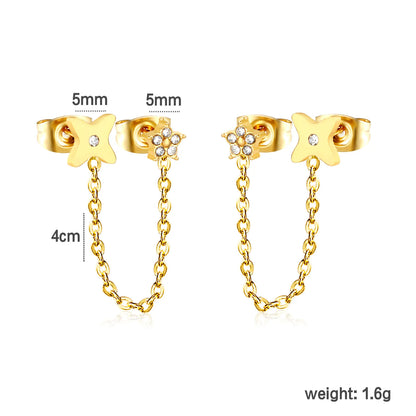 Star & Clover Chain-Linked Gold-Plated Stainless Steel Stud Earrings | Minimalist Asymmetrical Design | Tarnish-Resistant | Wholesale Jewelry | MOQ 12
