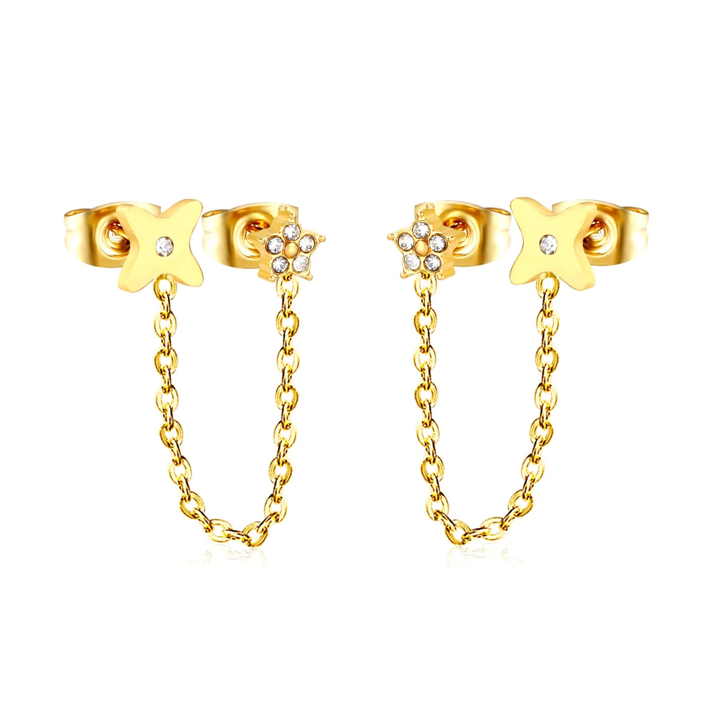 Star & Clover Chain-Linked Gold-Plated Stainless Steel Stud Earrings | Minimalist Asymmetrical Design | Tarnish-Resistant | Wholesale Jewelry | MOQ 12