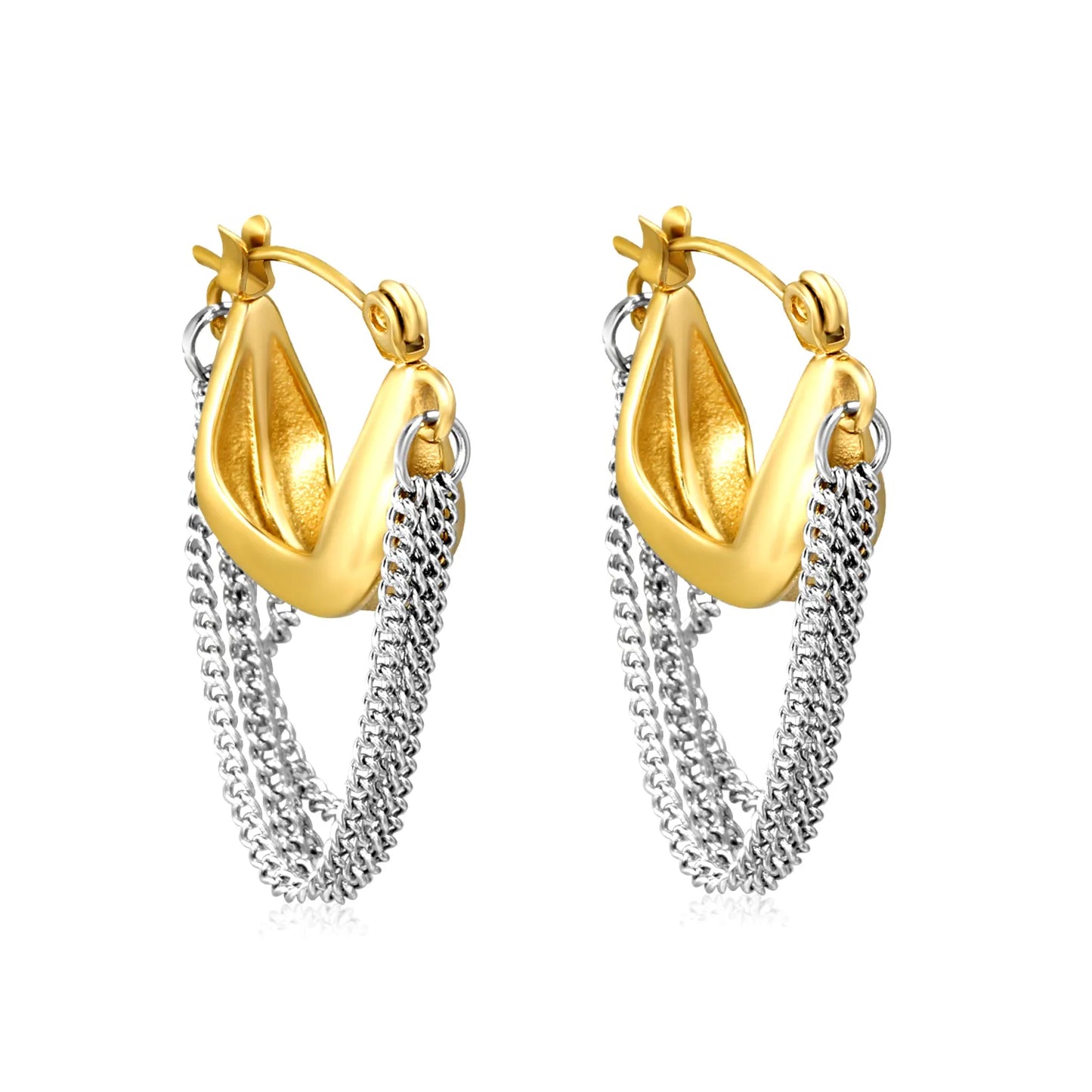 Two-Tone Sculpted Hoop Earrings with Layered Chain Drops | Stainless Steel | Wholesale