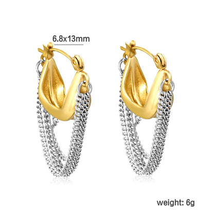 Two-Tone Sculpted Hoop Earrings with Layered Chain Drops | Stainless Steel | Wholesale