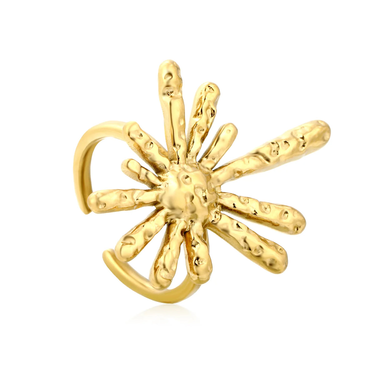 Textured Hammered Firework Open Cuff Ring | 25x30mm 18K Gold Plated Abstract Burst Statement Ring | Size 8