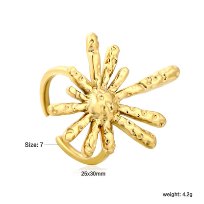 Textured Hammered Firework Open Cuff Ring | 25x30mm 18K Gold Plated Abstract Burst Statement Ring | Size 8