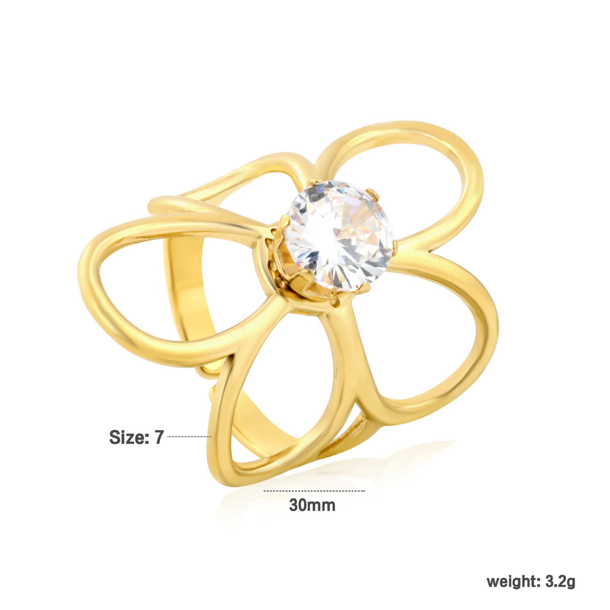 Oversized Outline Flower Zircon Ring | 30mm 18K Gold Plated Open Floral Ring | Size 7