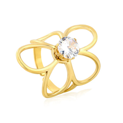 Oversized Outline Flower Zircon Ring | 30mm 18K Gold Plated Open Floral Ring | Size 7