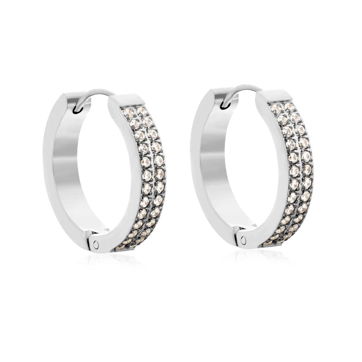 Chunky Double Row CZ Huggie Hoop Earrings | Gold & Steel Color | 4x20mm Paved Cubic Zirconia | MOQ 12