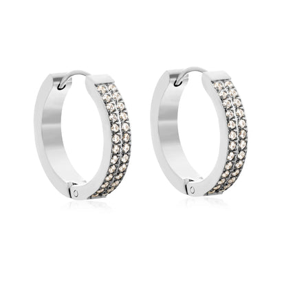 Chunky Double Row CZ Huggie Hoop Earrings | Gold & Steel Color | 4x20mm Paved Cubic Zirconia | MOQ 12