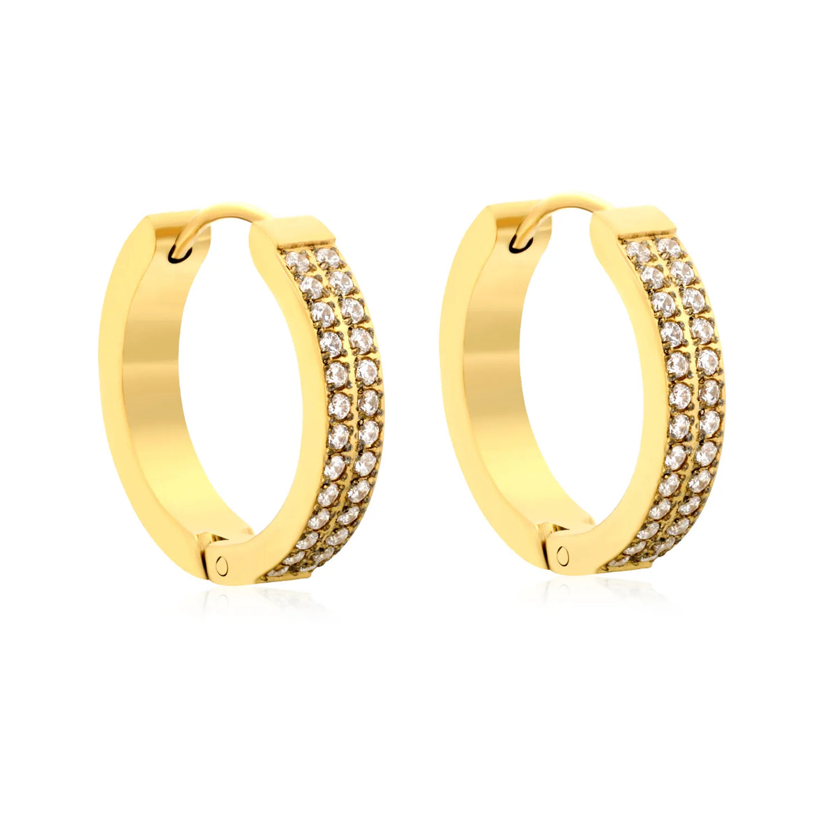 Chunky Double Row CZ Huggie Hoop Earrings | Gold & Steel Color | 4x20mm Paved Cubic Zirconia | MOQ 12