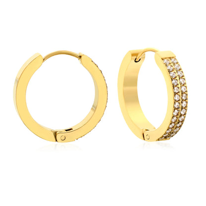Chunky Double Row CZ Huggie Hoop Earrings | Gold & Steel Color | 4x20mm Paved Cubic Zirconia | MOQ 12