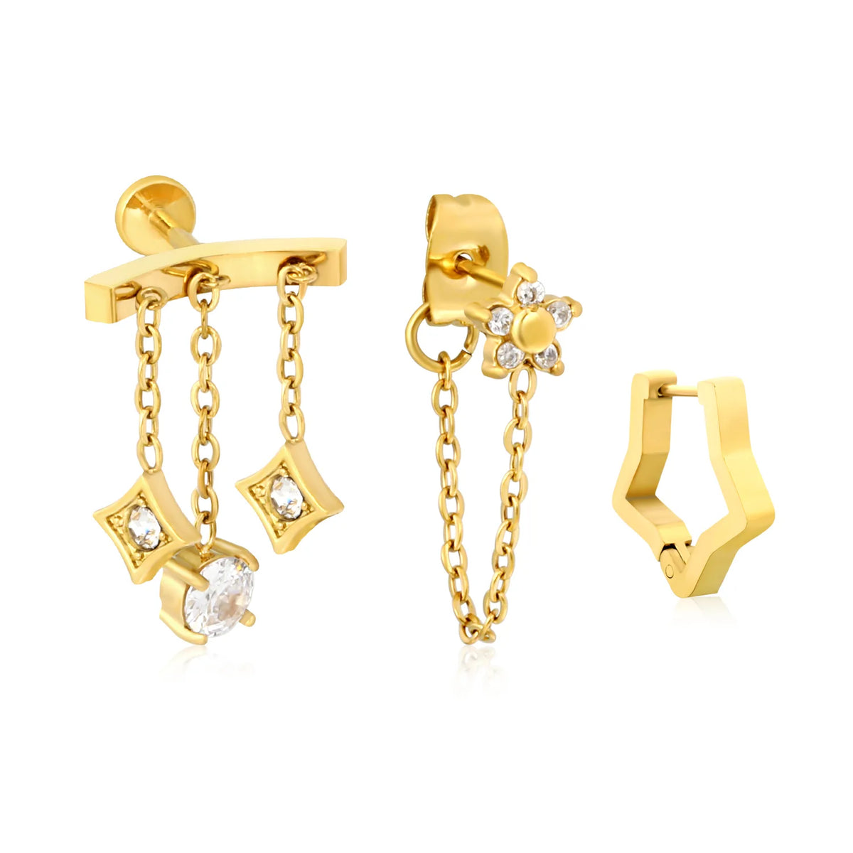 Layered Chain Drop CZ Ear Jewelry Pack | Mixed Style Square Floral Zircon Studs & Star Huggies