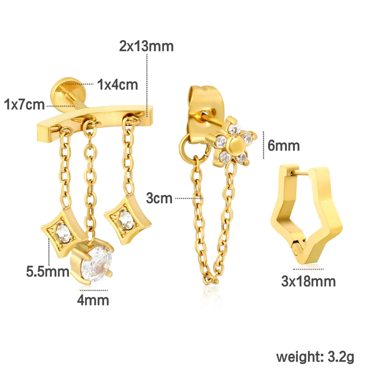 Layered Chain Drop CZ Ear Jewelry Pack | Mixed Style Square Floral Zircon Studs & Star Huggies