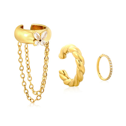 Butterfly CZ Chain Ear Cuff Set | 3Pcs Twisted Open Cuff & Pave Hoop | 18K Gold Plated Stack Ear Jewelry