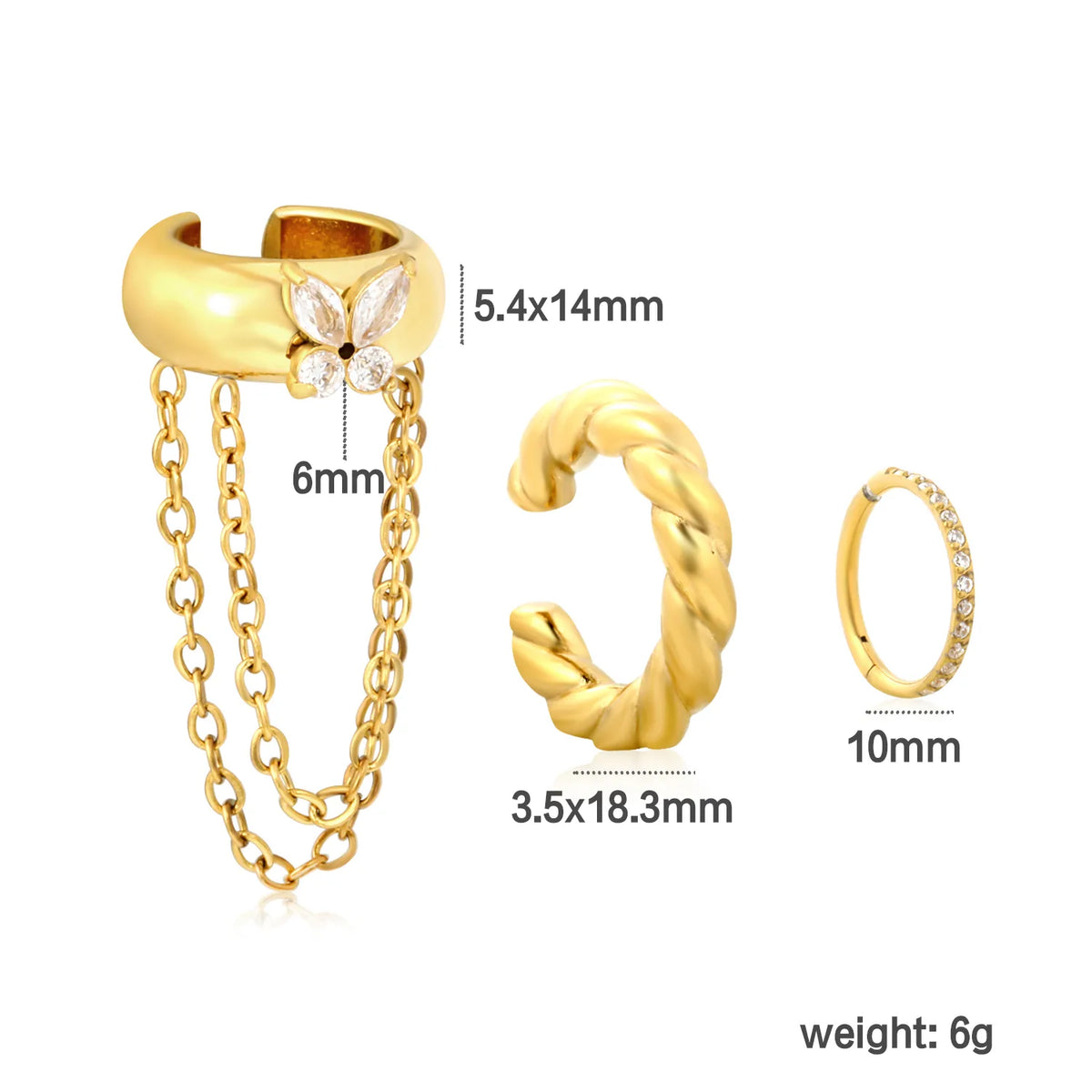 Butterfly CZ Chain Ear Cuff Set | 3Pcs Twisted Open Cuff & Pave Hoop | 18K Gold Plated Stack Ear Jewelry