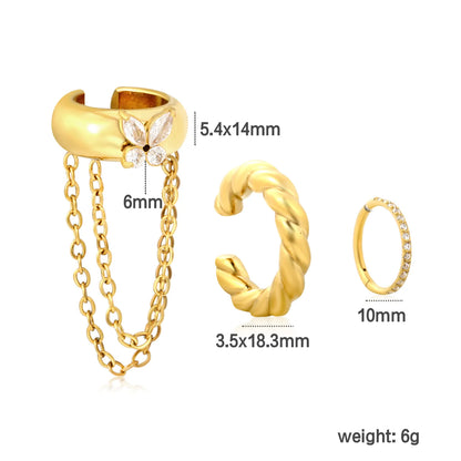 Butterfly CZ Chain Ear Cuff Set | 3Pcs Twisted Open Cuff & Pave Hoop | 18K Gold Plated Stack Ear Jewelry