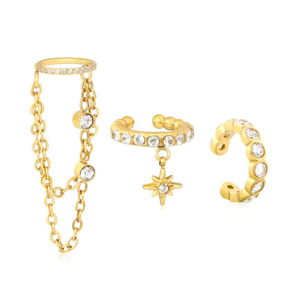 Sparkly Star Charm Ear Cuff Pack | Multi Style Bezel Set CZ Ear Cuffs With Chain Tassel | Stackable Non Piercing Ear Jewelry