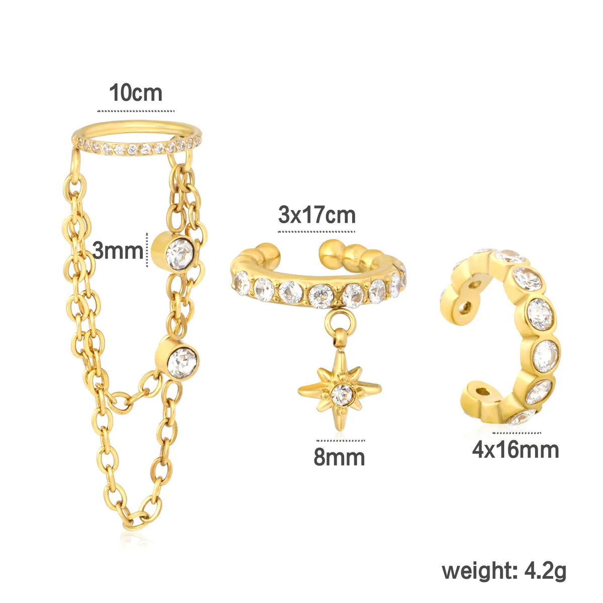 Sparkly Star Charm Ear Cuff Pack | Multi Style Bezel Set CZ Ear Cuffs With Chain Tassel | Stackable Non Piercing Ear Jewelry