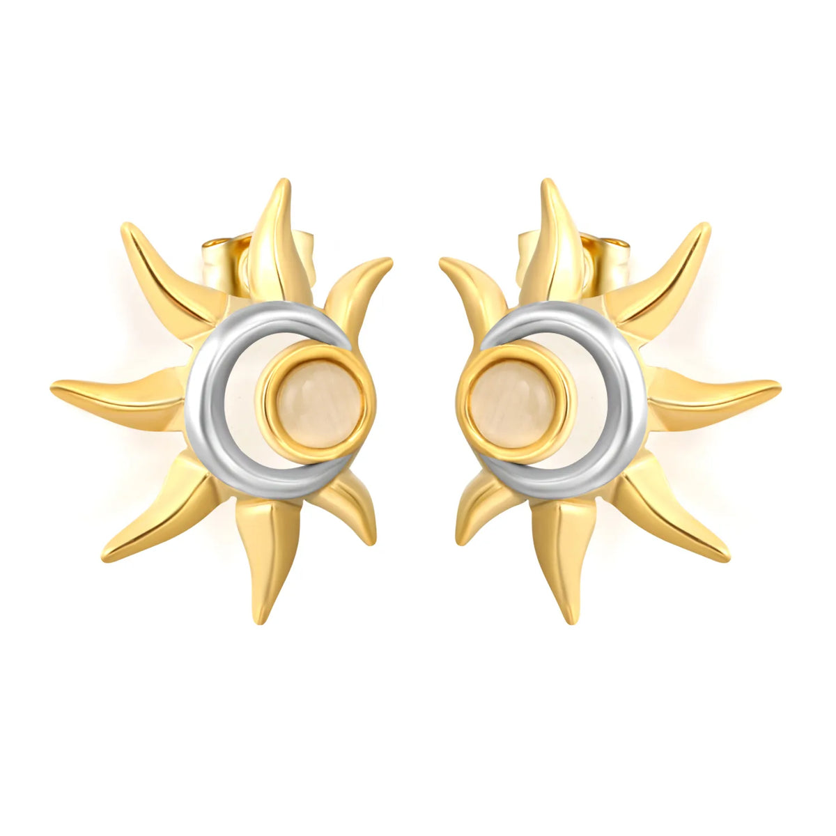 Boho Sun Moon Stud Earrings 22x27mm Two Tone Cat Eye Stone | 18K Gold Plated | Wholesale MOQ 12