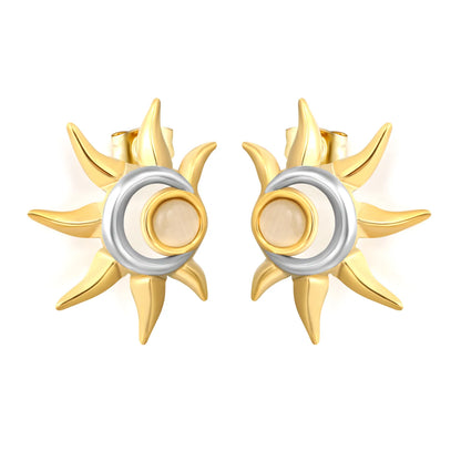 Boho Sun Moon Stud Earrings 22x27mm Two Tone Cat Eye Stone | 18K Gold Plated | Wholesale MOQ 12