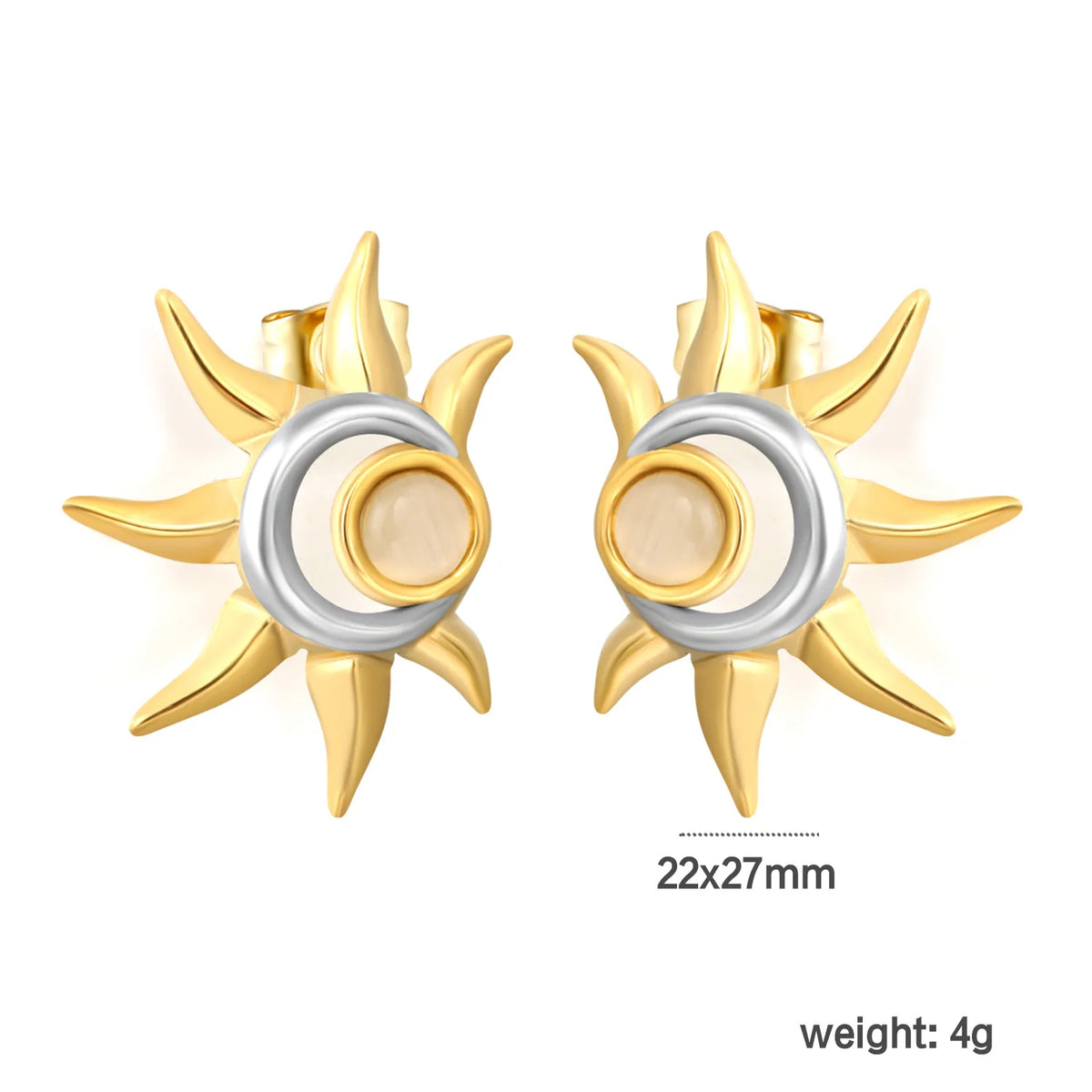 Boho Sun Moon Stud Earrings 22x27mm Two Tone Cat Eye Stone | 18K Gold Plated | Wholesale MOQ 12