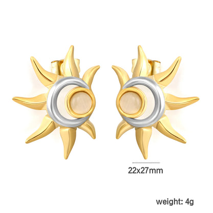 Boho Sun Moon Stud Earrings 22x27mm Two Tone Cat Eye Stone | 18K Gold Plated | Wholesale MOQ 12
