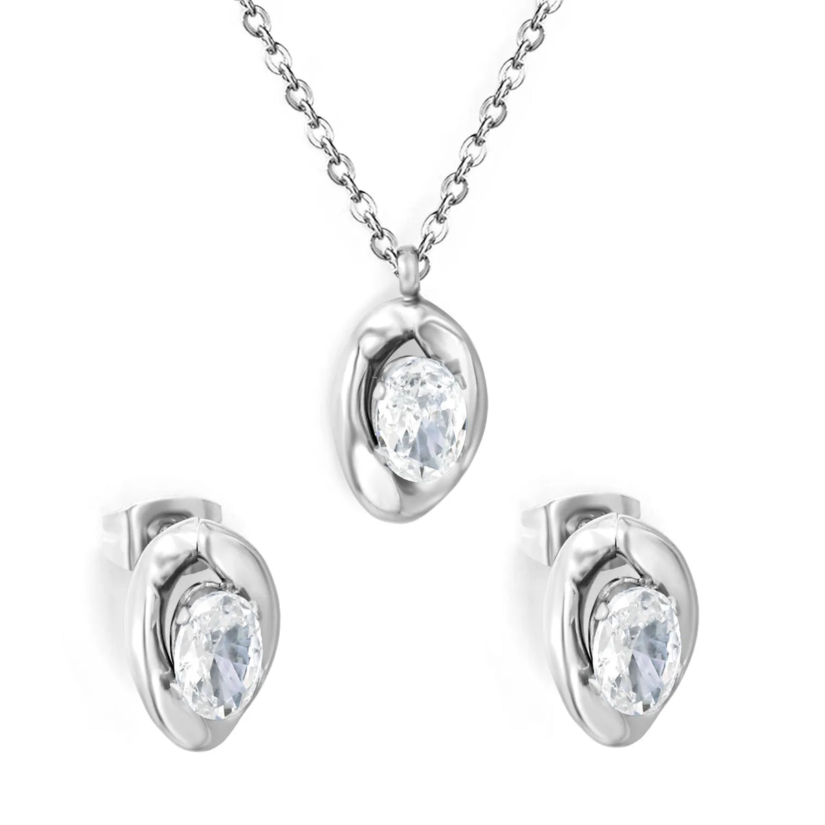 Dainty Irregular Oval Cubic Zirconia Matching Jewelry Set | Zircon Necklace & Earring Studs | 40+5cm Adjustable Chain | Gold & Silver Tone