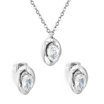 Dainty Irregular Oval Cubic Zirconia Matching Jewelry Set | Zircon Necklace & Earring Studs | 40+5cm Adjustable Chain | Gold & Silver Tone