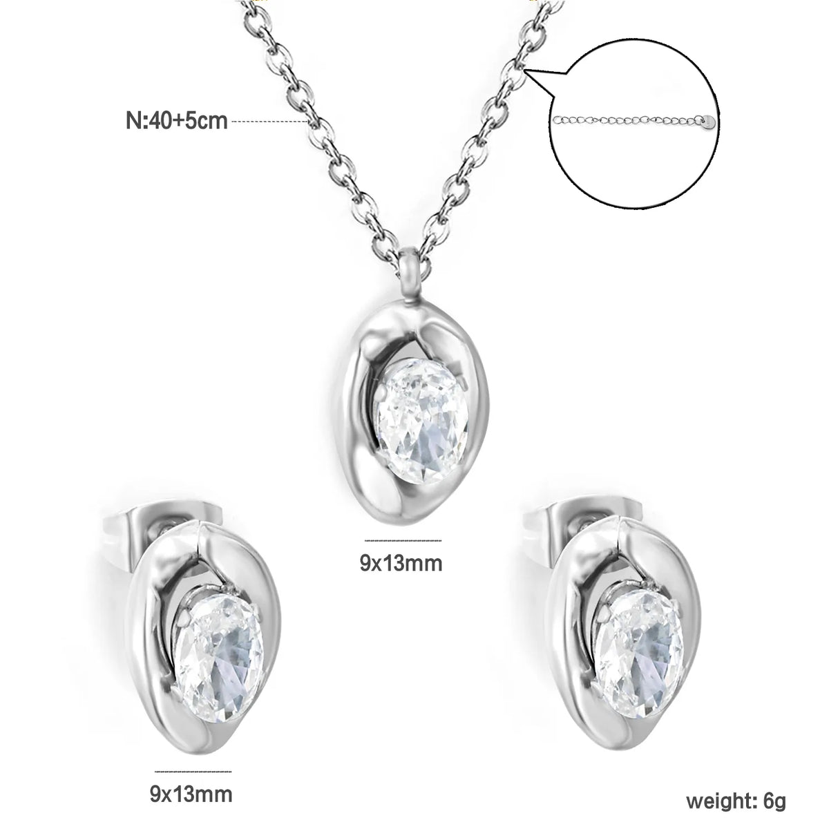 Dainty Irregular Oval Cubic Zirconia Matching Jewelry Set | Zircon Necklace & Earring Studs | 40+5cm Adjustable Chain | Gold & Silver Tone
