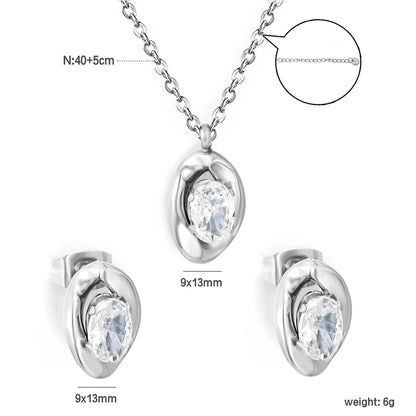 Dainty Irregular Oval Cubic Zirconia Matching Jewelry Set | Zircon Necklace & Earring Studs | 40+5cm Adjustable Chain | Gold & Silver Tone