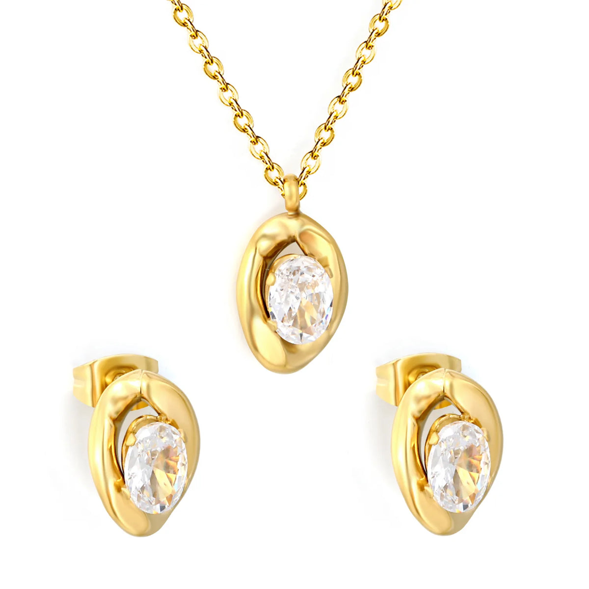 Dainty Irregular Oval Cubic Zirconia Matching Jewelry Set | Zircon Necklace & Earring Studs | 40+5cm Adjustable Chain | Gold & Silver Tone