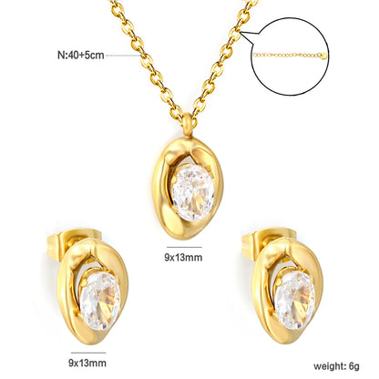 Dainty Irregular Oval Cubic Zirconia Matching Jewelry Set | Zircon Necklace & Earring Studs | 40+5cm Adjustable Chain | Gold & Silver Tone