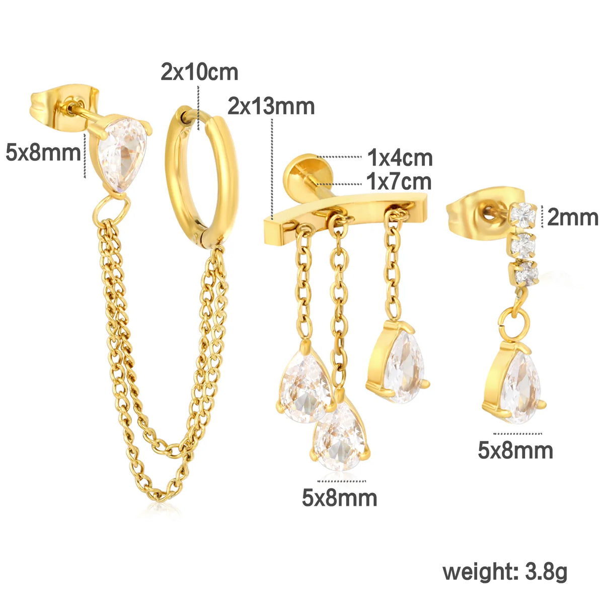 Statement Linked Huggie & Stud Earring Pack | Layered Water Drop CZ Dangle Chain Earrings For Ear Stack