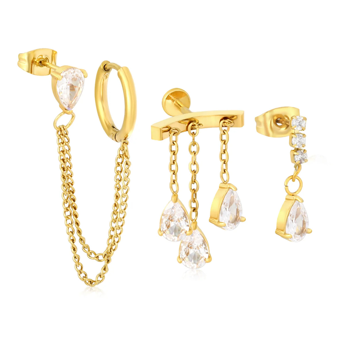 Statement Linked Huggie & Stud Earring Pack | Layered Water Drop CZ Dangle Chain Earrings For Ear Stack