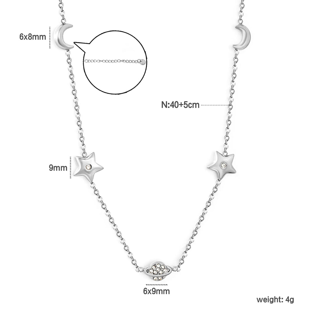 Celestial Star Moon Planet Station Necklace | 6x8mm Moon | 9mm Star | 6x9mm Saturn | 40+5cm Chain | Gold & Silver Tone