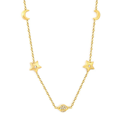Celestial Star Moon Planet Station Necklace | 6x8mm Moon | 9mm Star | 6x9mm Saturn | 40+5cm Chain | Gold & Silver Tone