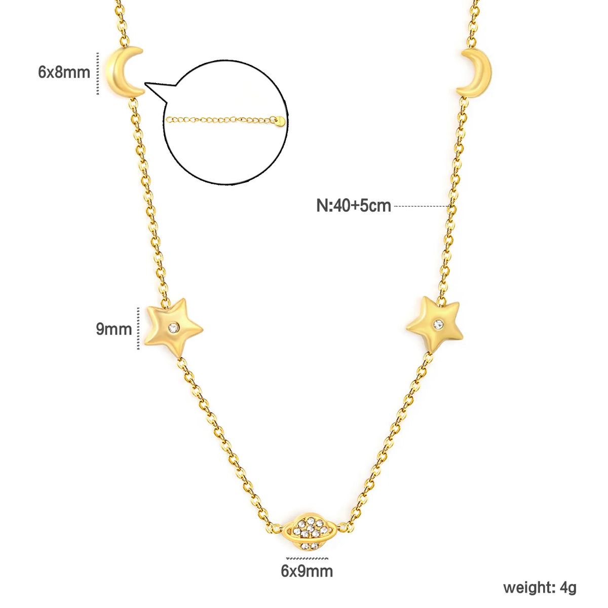 Celestial Star Moon Planet Station Necklace | 6x8mm Moon | 9mm Star | 6x9mm Saturn | 40+5cm Chain | Gold & Silver Tone