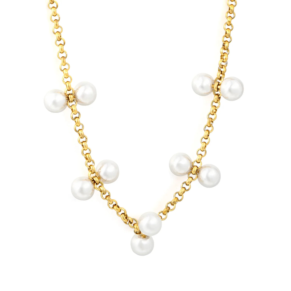 Elegant Scattered Double Pearl Cluster Choker Necklace | 6mm Twin Pearl Beads | 42+5cm Rolo Chain
